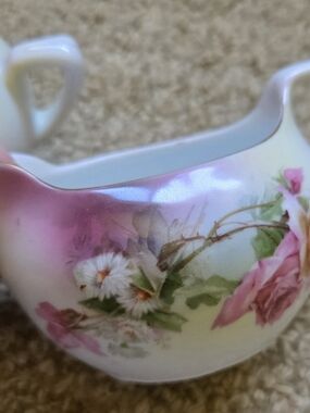 RS Germany Porcelain Floral Sugar Bowl & Creamer - Pink Green Rose Design 1950's